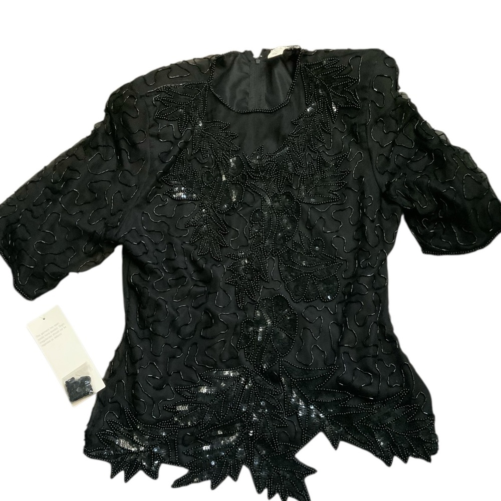 80s  Beaded and Sequined Black  Dressy J.R.T Silk Blouse hand Made SILK SMALL
